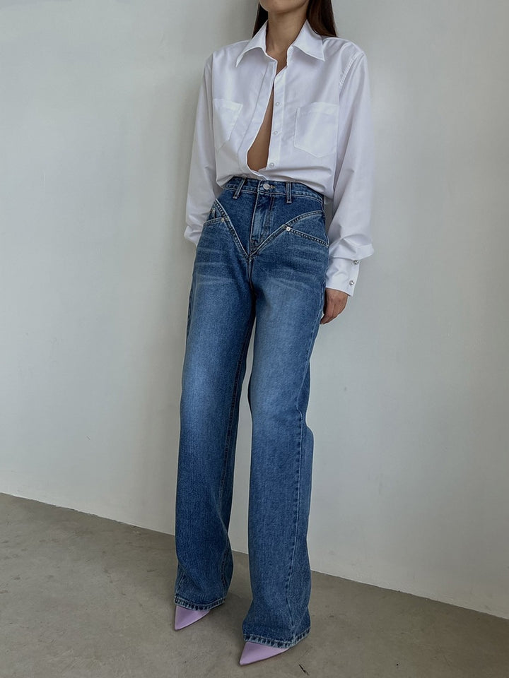 Women's high-waisted wide denim pants with V-shaped waistband seam and extra-long leg Mune Fashion