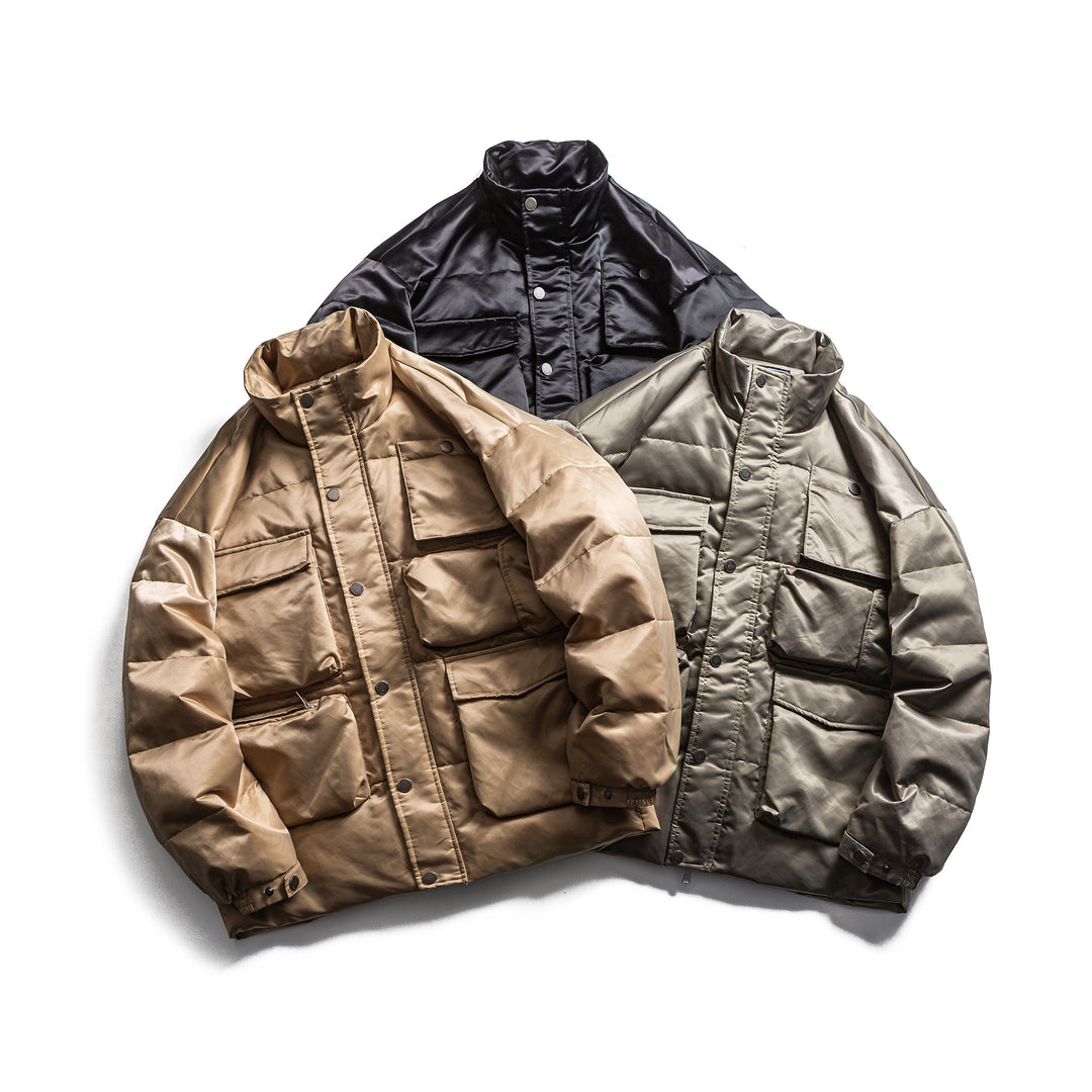Men's Boxy Insulation Jacket in Field Style with Cargo Pockets and High Standing Collar Mune Fashion