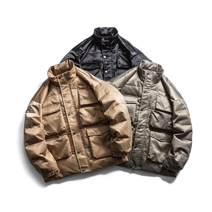 Men's Boxy Insulation Jacket in Field Style with Cargo Pockets and High Standing Collar Mune Fashion
