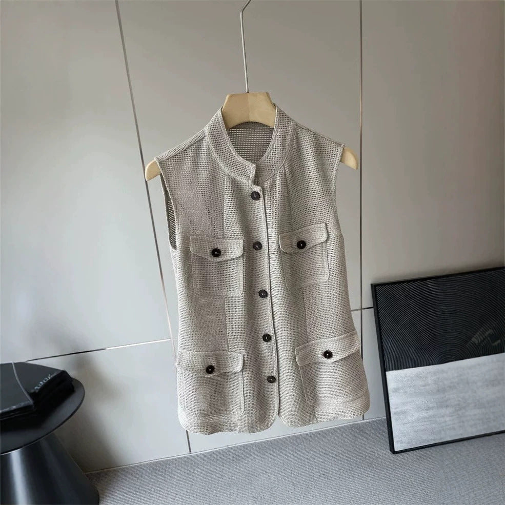 Ladies Fashionable Sleeveless Vest with Pockets Mune Fashion