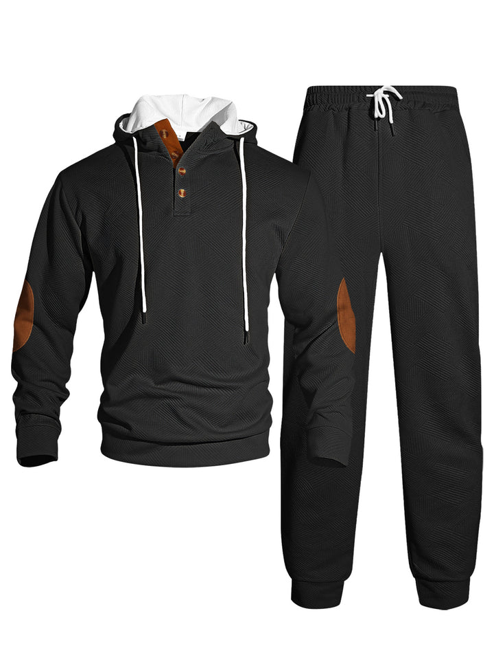 Men's waffle structure Henley hoodie set with wooden button placket elbow patches and tapered joggers Mune Fashion