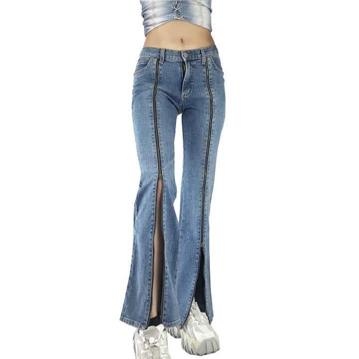 Ladies nan jeans pants with continuous front zippers, high front leg opening and flared bell bottom Mune Fashion