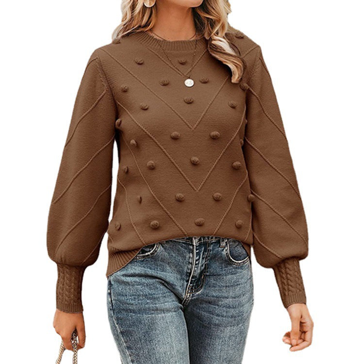 Women's knitted bobble pullover with balloon sleeves and round neck Mune Fashion