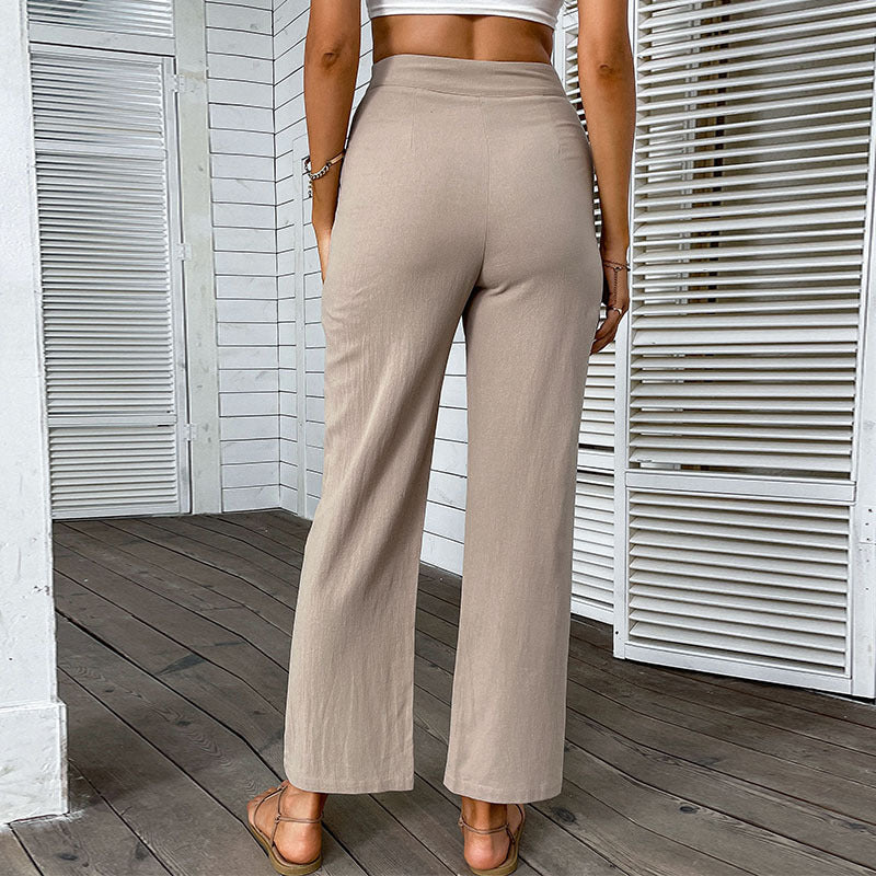 Women's Lightweight Linen Look Trousers with High Waist and Straight Leg Mune Fashion
