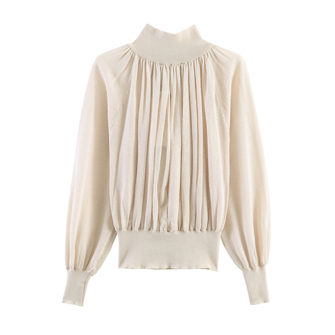 Women's Elegant Pleated Blouse with Stand Collar, Button Detail and Balloon Sleeves Mune Fashion