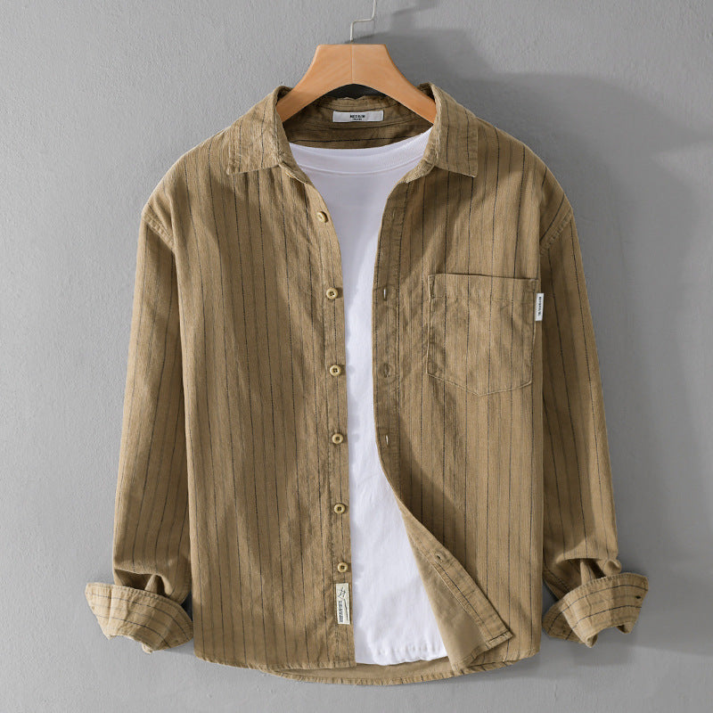 Men's vertically striped casual shirt in linen look with applied chest pocket Mune Fashion