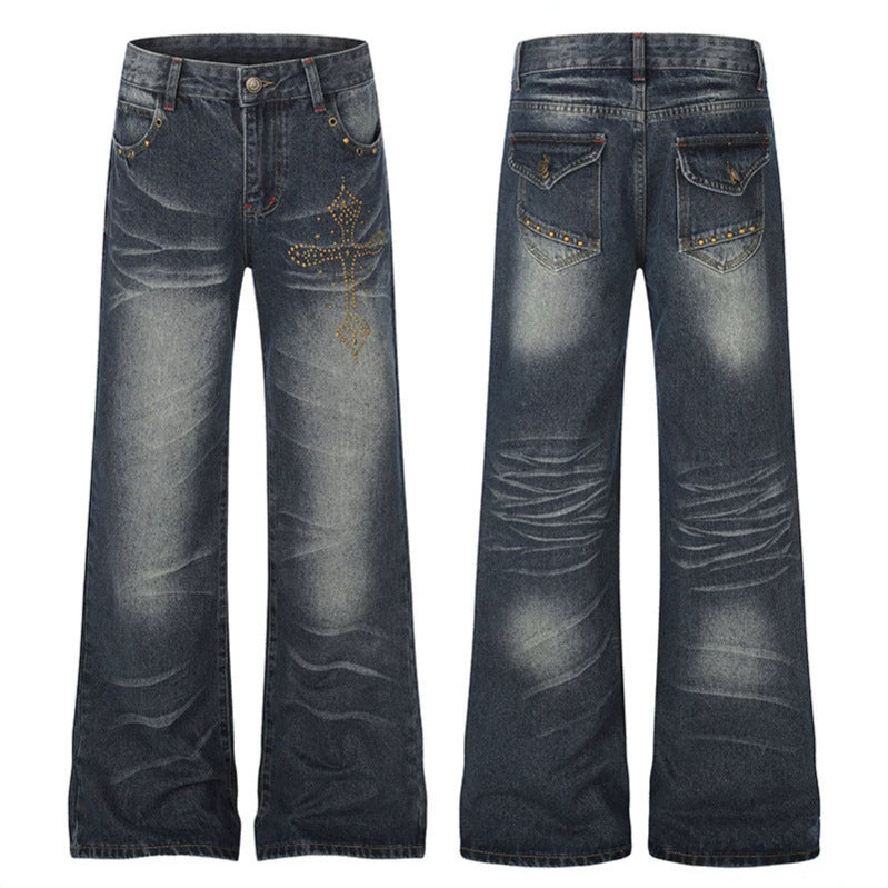 Women's Wide High-Waist Palazzo Jeans with Decorative Stone Cross Appliqué Mune Fashion