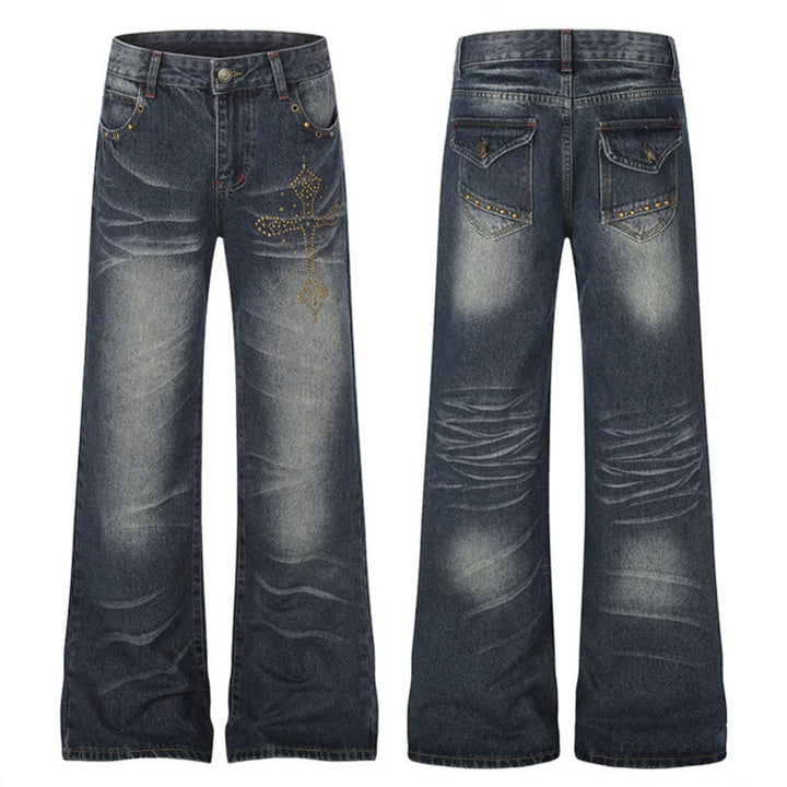 Women's Wide High-Waist Palazzo Jeans with Decorative Stone Cross Appliqué Mune Fashion
