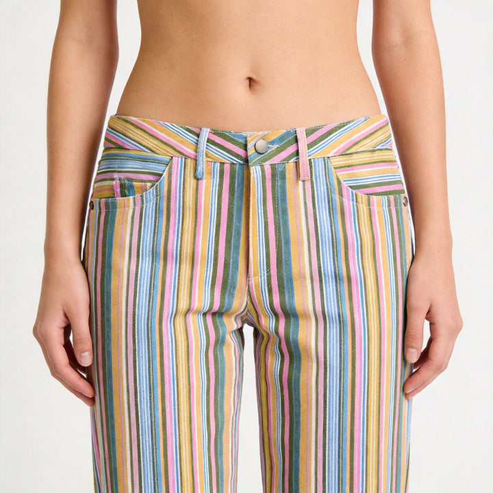 Women's straight-cut high-waisted pants with vertical multi-stripe pattern and five-pocket cut Mune Fashion