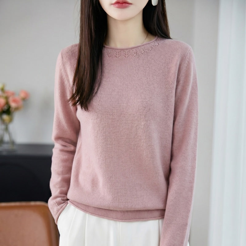Women Lightweight Fine Knit Round Neck Sweater with Openwork Detail and Casual Silhouette Mune Fashion