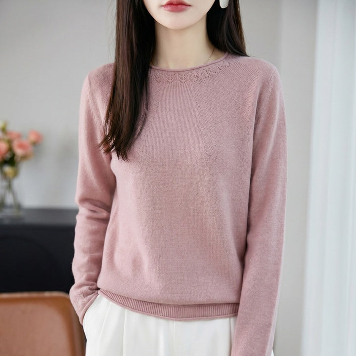 Women Lightweight Fine Knit Round Neck Sweater with Openwork Detail and Casual Silhouette Mune Fashion