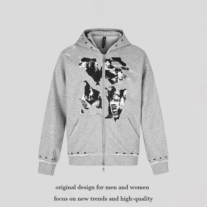 Women's hooded sweatshirt jacket with two-way zipper, frayed hem, stud detailing, and collage print Mune Fashion
