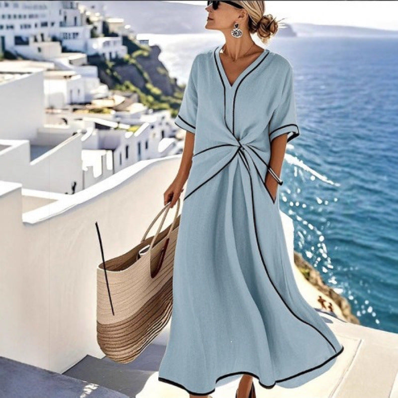 Women's maxi dress with V-neck, side knot and contrast piping Mune Fashion
