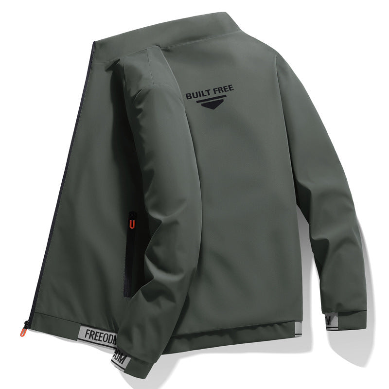 Men's lightweight windproof leisure jacket with logo print, zip pockets, and elastic hem Mune Fashion