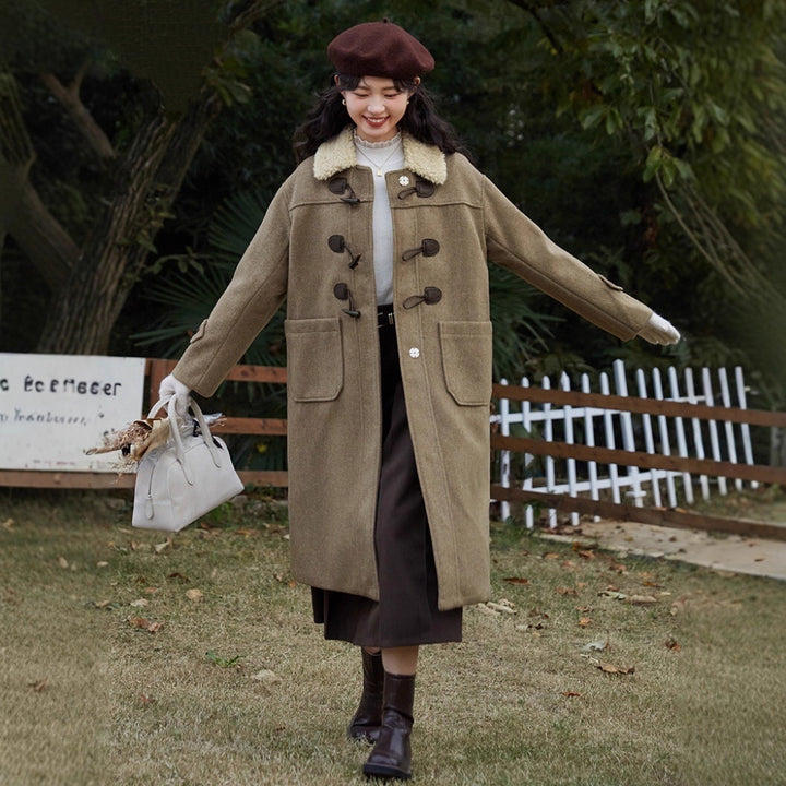 Women’s Long Duffle Coat with Teddy Collar, Toggle Fastenings and Patch Pockets Mune Fashion