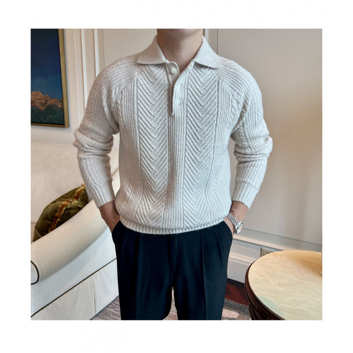 Men's Polo Collar Cable Knit Sweater with Half Button Placket Mune Fashion