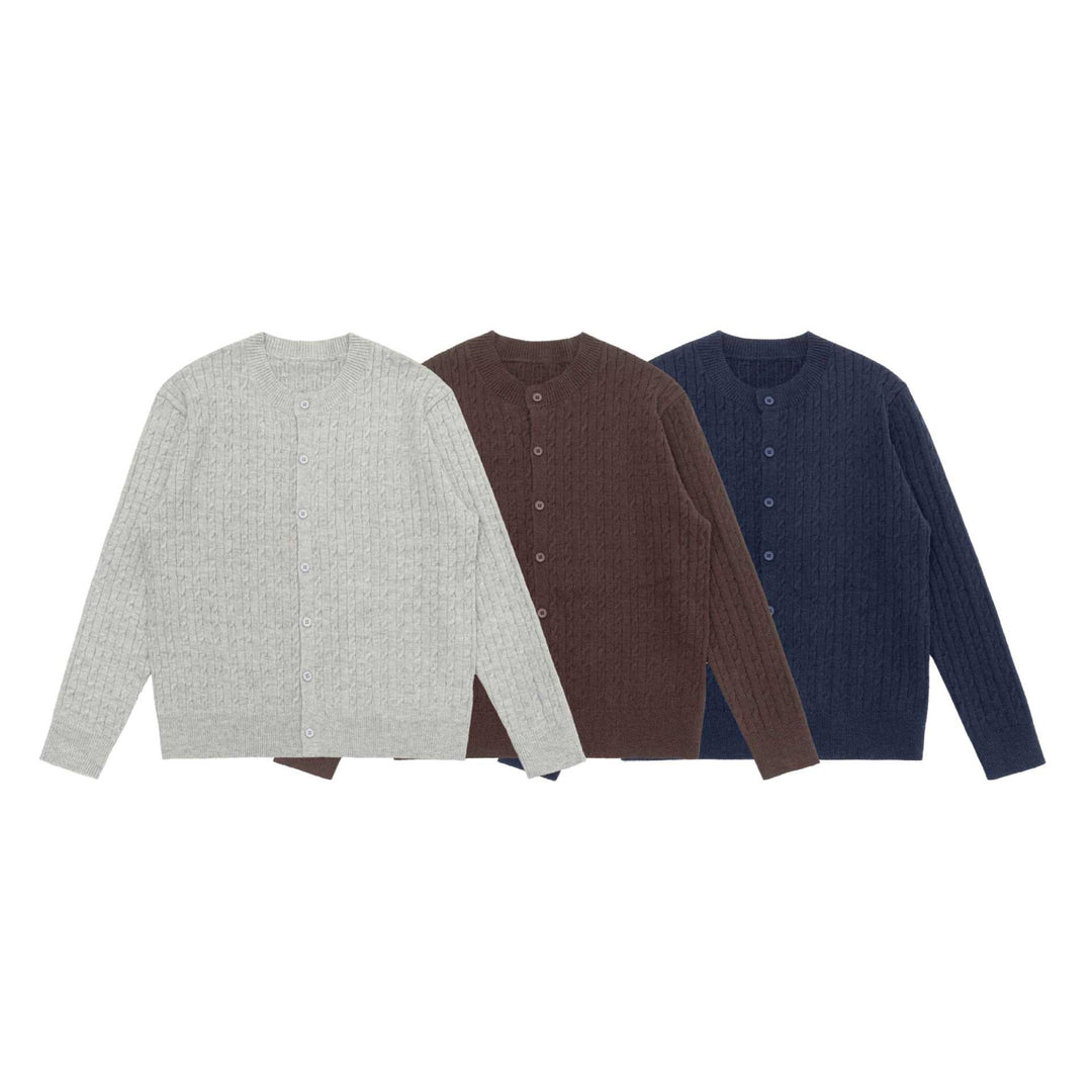 Unisex Fine Cable Knit Cardigan with Round Neck and Button Placket Mune Fashion