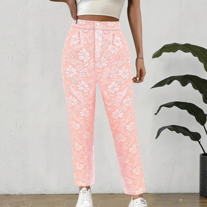 Women's high-waisted pleated trousers with floral jacquard and straight leg Mune Fashion