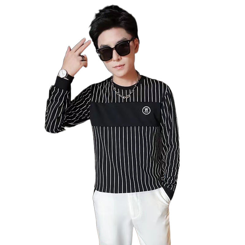 Men Striped Long Sleeve Shirt with Chest Yoke and Round Neckline Mune Fashion
