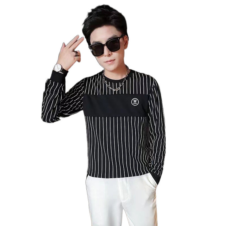 Men Striped Long Sleeve Shirt with Chest Yoke and Round Neckline Mune Fashion