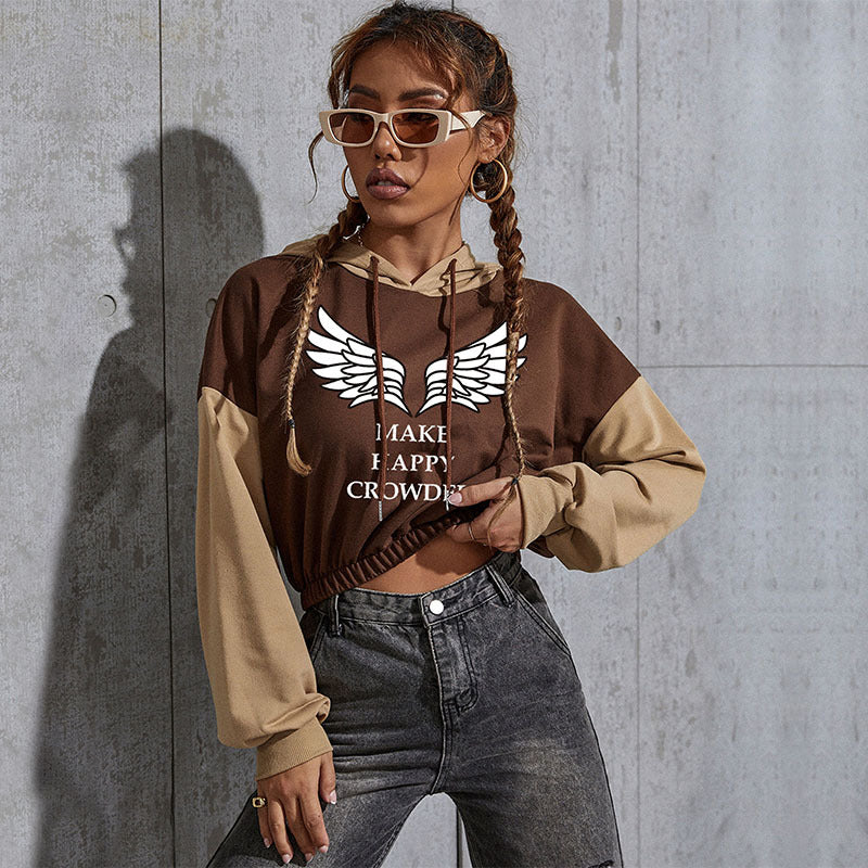 Women's Cropped Hoodie with Contrast Sleeves, Elastic Hem and Melting Smiley Print