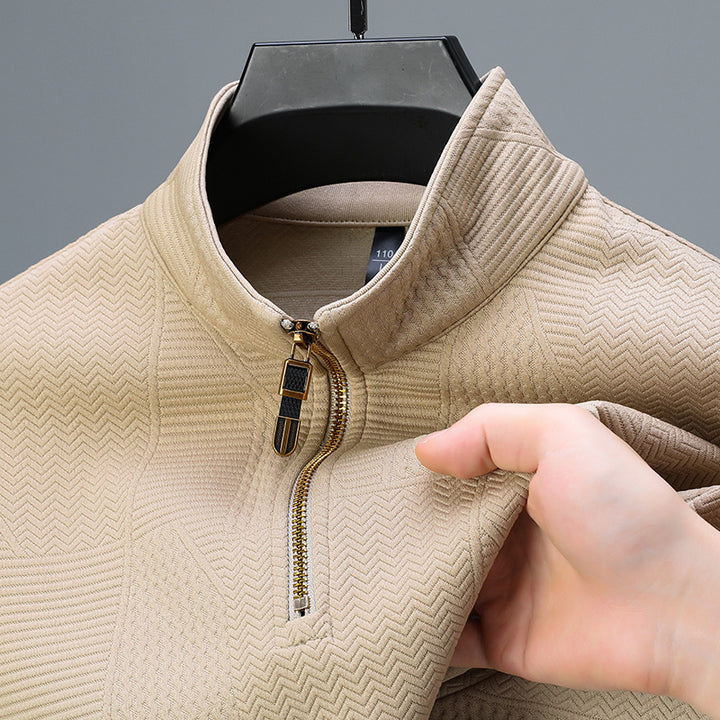 Men's Structured Pullover with Half Zipper High Stand Collar and Geometric Relief Structure Mune Fashion