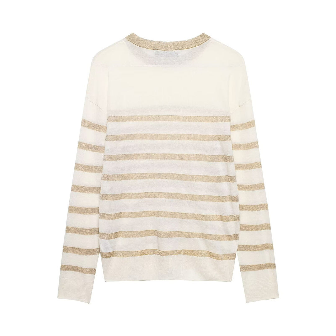 Women’s lightweight striped fine knit sweater with metallic stripes and round neck Mune Fashion