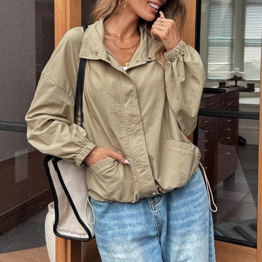 Women's Lightweight Utility Bomber Jacket with Drawstring, Rubber Cuffs, and Patch Pockets Mune Fashion