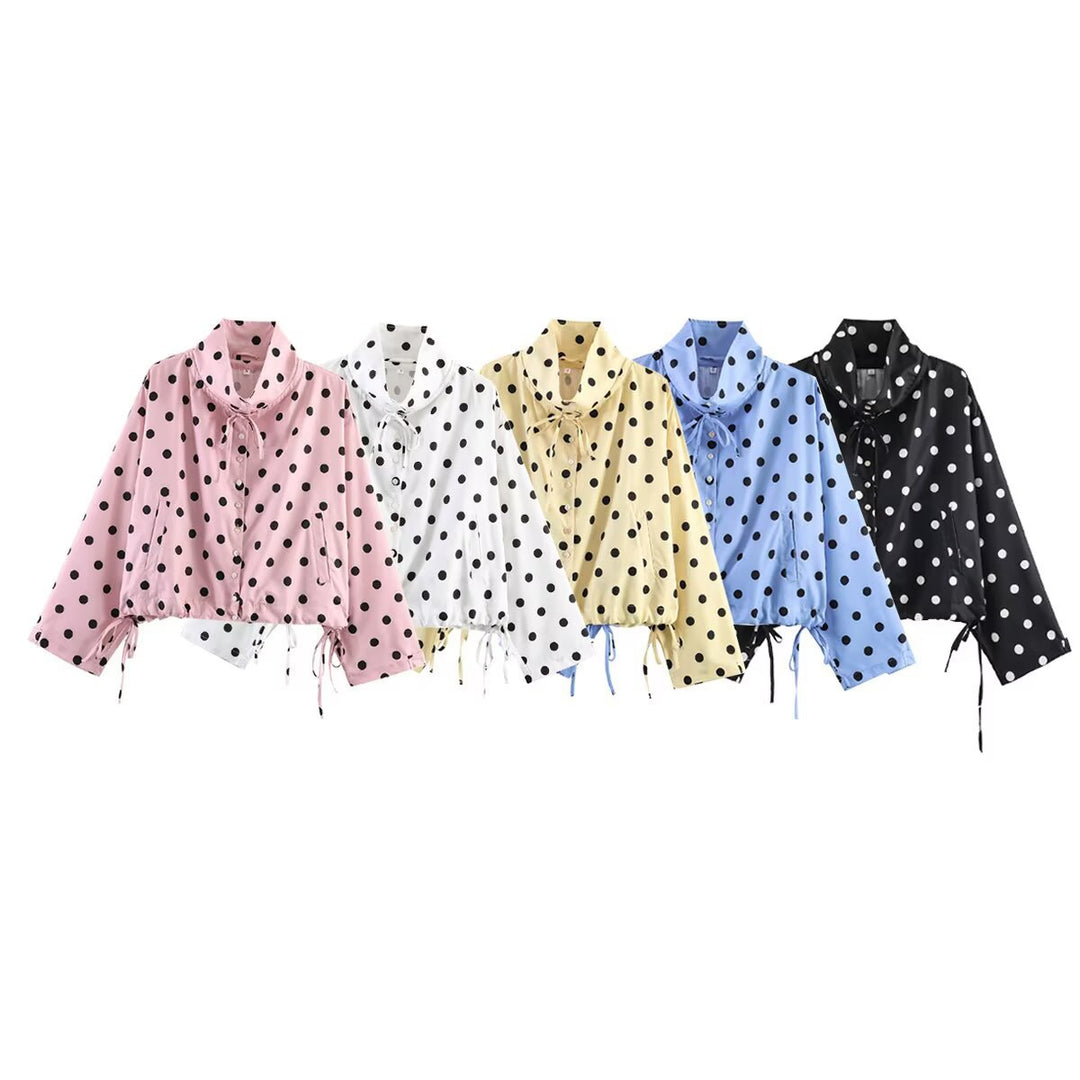 Women Polka Dot Cropped Blouse Jacket with High Tunnel Neck Collar and Drawstring Waist Mune Fashion