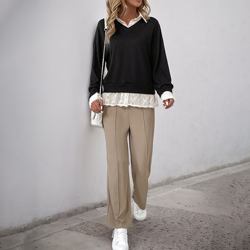 Women's layered fine knit sweater with V-neck and integrated lace blouse insert Mune Fashion