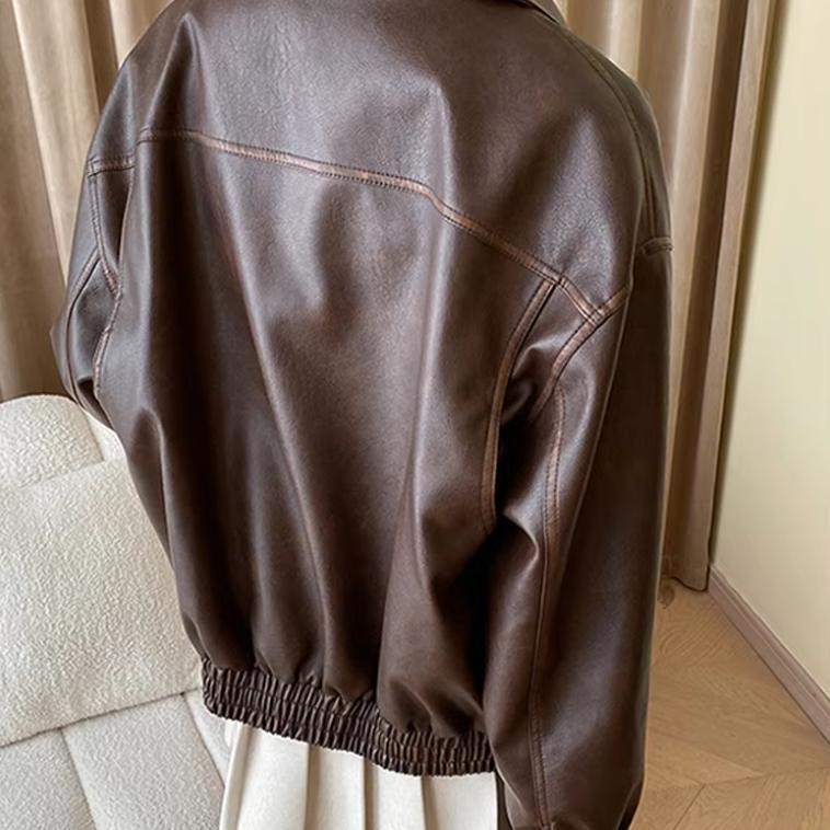 Women's Oversized Faux Leather Blouson with Shirt Collar, Flap Pockets and Concealed Zipper Placket Mune Fashion