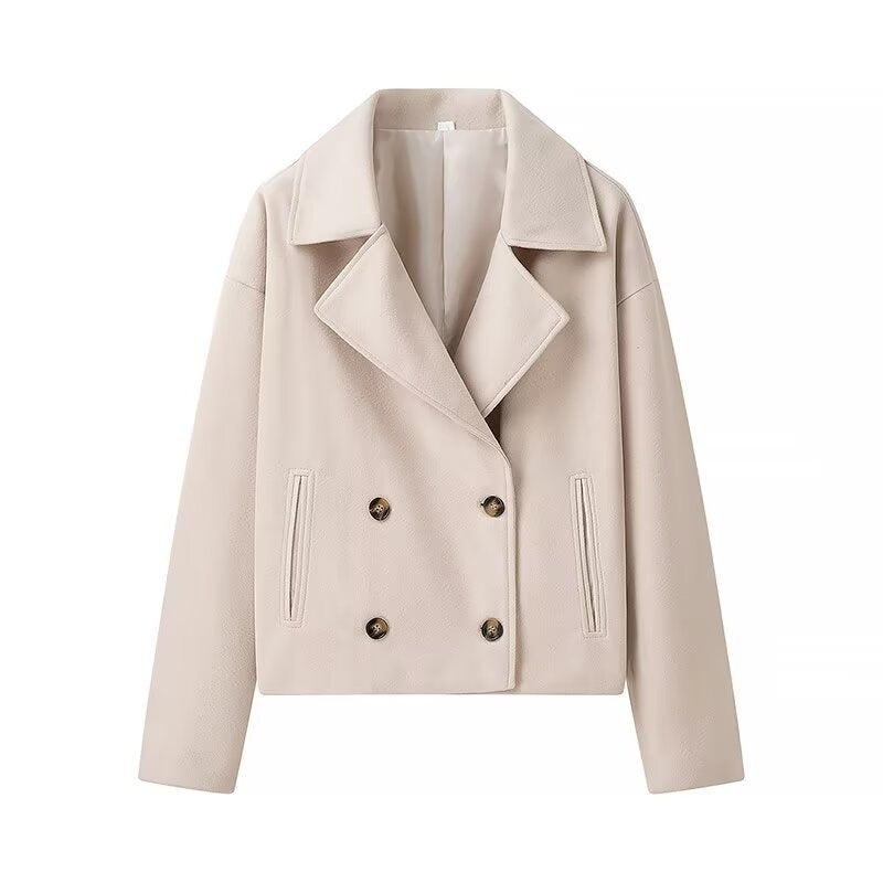Women's Short Double-Breasted Boxy Peacoat made of Wool Blend with Wide Lapels Mune Fashion