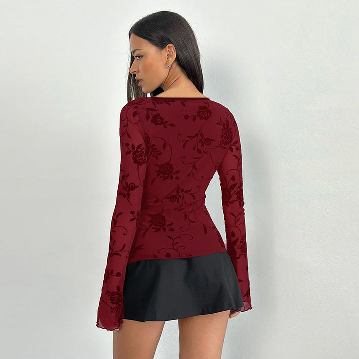 Women's Tailored Long Sleeve Shirt with V-Neck and Lace Trim Mune Fashion