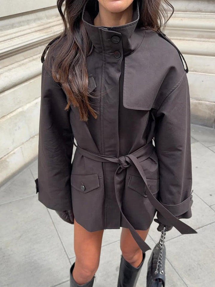 Women's Short Tailored Trench Jacket with Stand-Up Collar, Flap Pockets and Tie Belt Mune Fashion