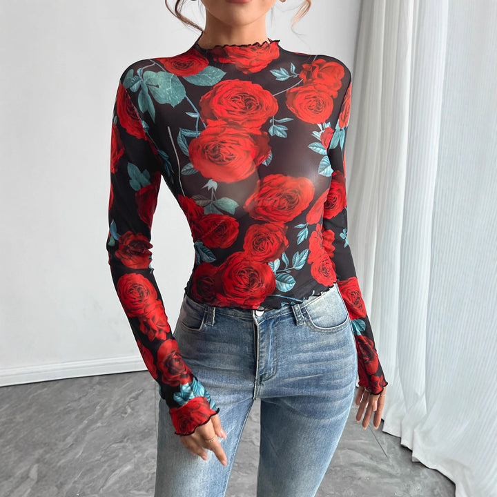 Women's figure-hugging mesh long-sleeve shirt with rose motif, high collar and wave hem Mune Fashion