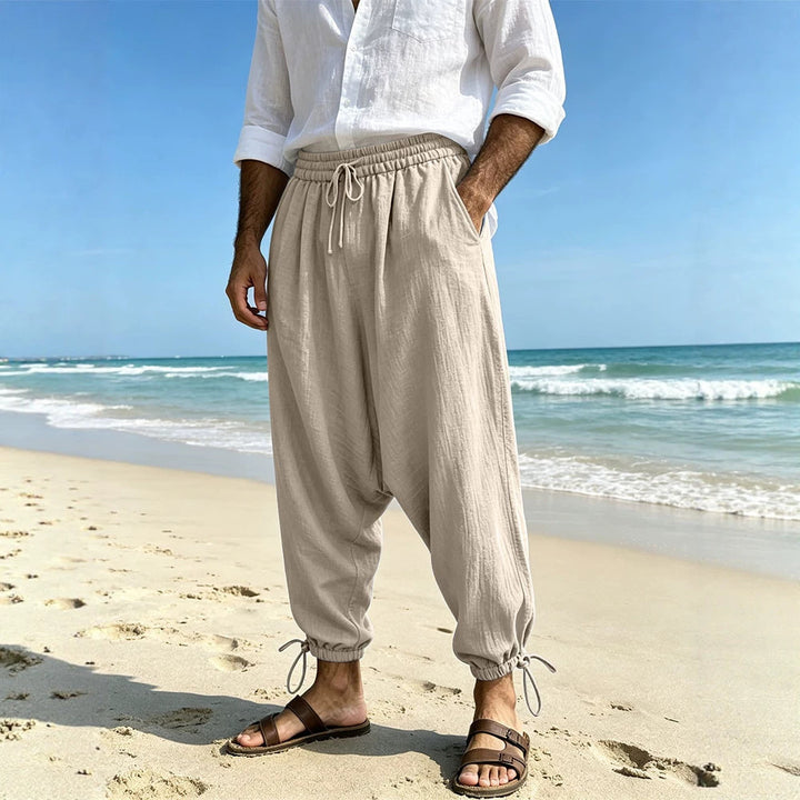 Men's Loose Linen Harem Pants with Elastic Waistband and Adjustable Ankle Cuffs Mune Fashion