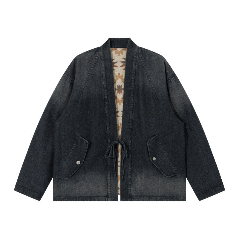 Unisex Jeans Kimono Jacket with Tie Belt and Patterned Lining Mune Fashion