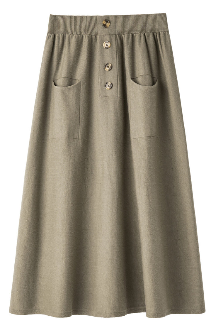 Women's midi skirt made of wool blend with A-line, elastic ribbed waistband, decorative button placket, and patch pockets Mune Fashion