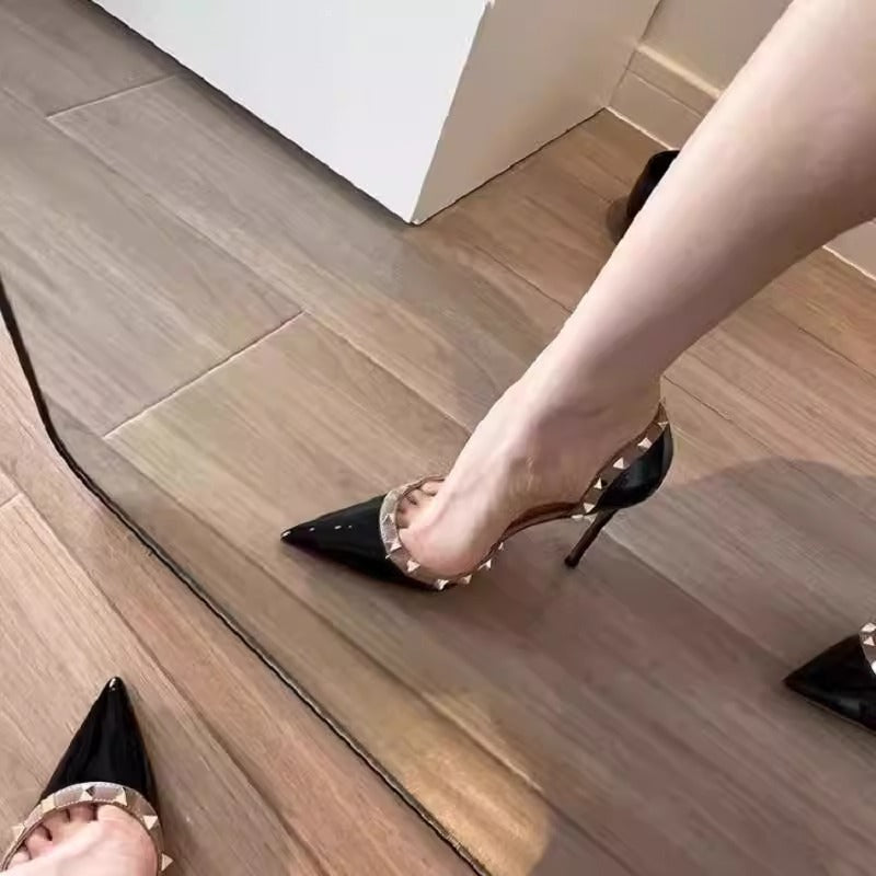 Women's Pointed Slingback Pumps made of Patent Leather with Pyramid-Shaped Studs and Slim Stiletto Mune Fashion