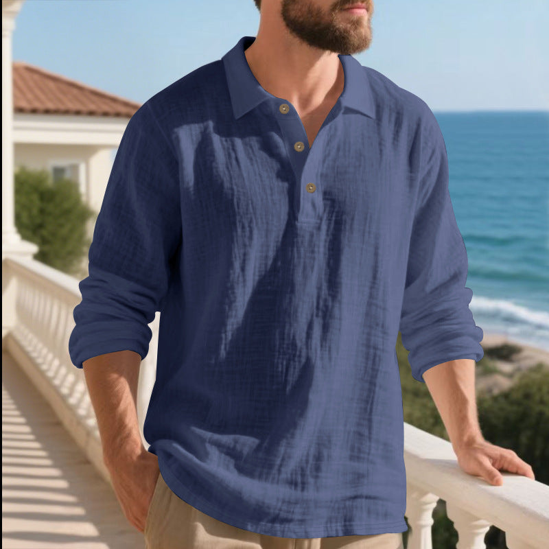 Men's casual linen henley shirt with polo collar and triple button placket Mune Fashion
