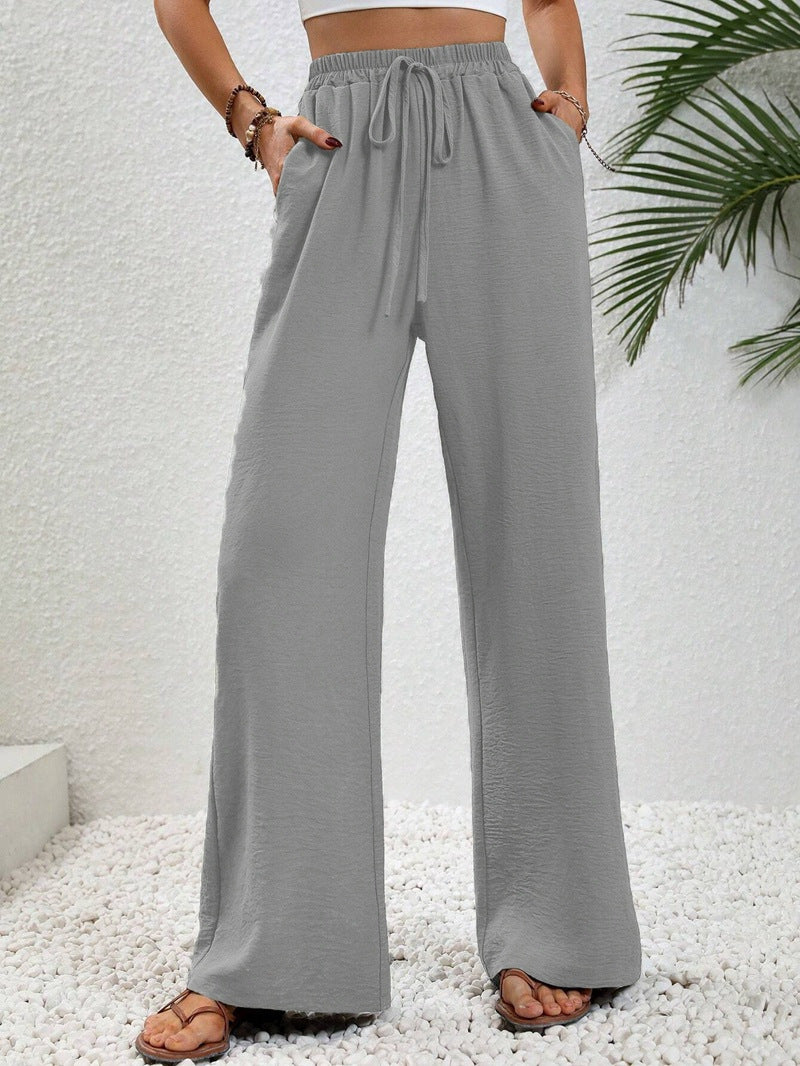 Women Wide Palazzo Pants with High Elastic Waistband, Drawstring and Side Pockets Mune Fashion