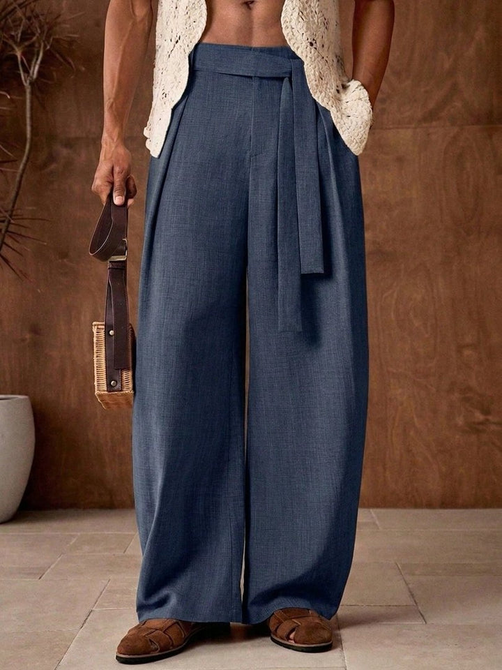 Men's loosely cut linen trousers with high waist and tie belt Mune Fashion