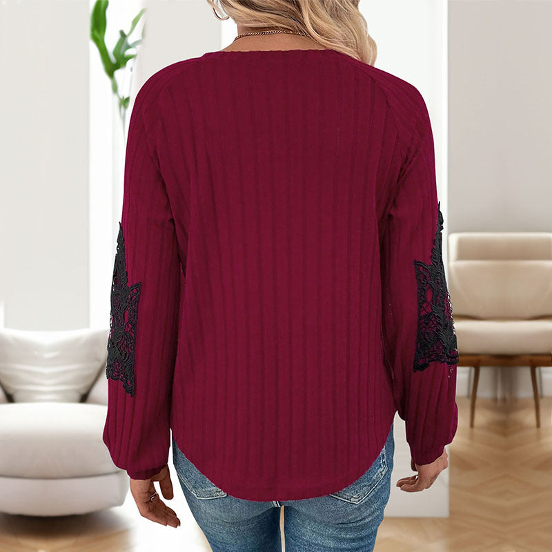 Ladies Light Ribbed Knit Sweater with V-Neck and Floral Lace Application on the Sleeves Mune Fashion