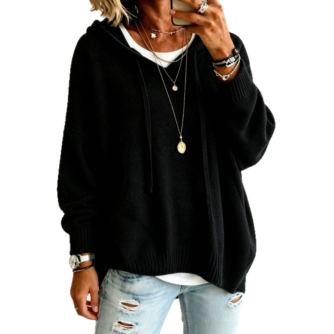 Women Oversize Hoodie Sweater made of fine knit with ribbed cuffs Mune Fashion