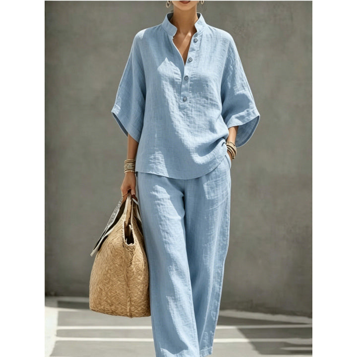 Women's loose linen two-piece with stand-up collar and wide leg Mune Fashion