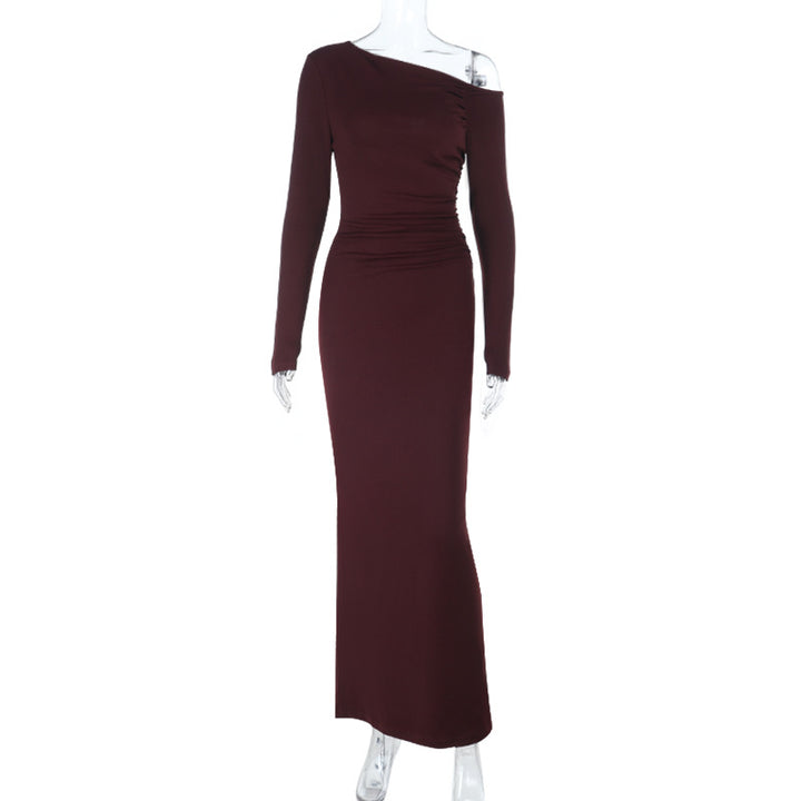 Women One-Shoulder Evening Maxi Dress with Long Sleeve and Tailored Draping Mune Fashion