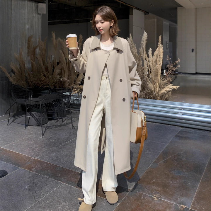 Women Long Cut Minimalist Trench Coat with Soft Fall, Dropped Shoulders and Adjustable Sleeve Straps Mune Fashion
