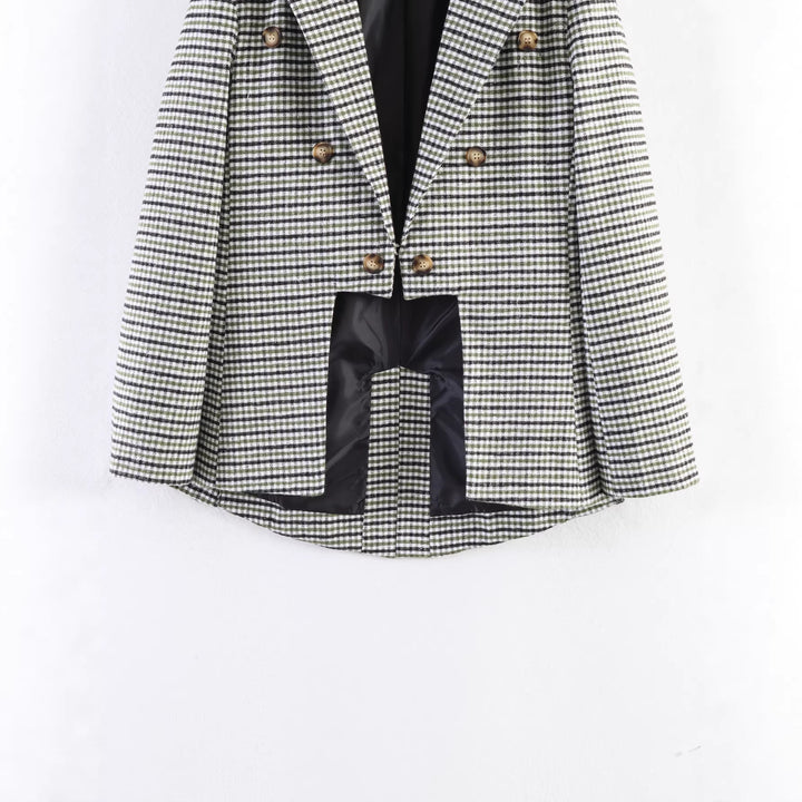 Women's Check Blazer with Asymmetrical Cropped Front and Wooden Buttons Mune Fashion