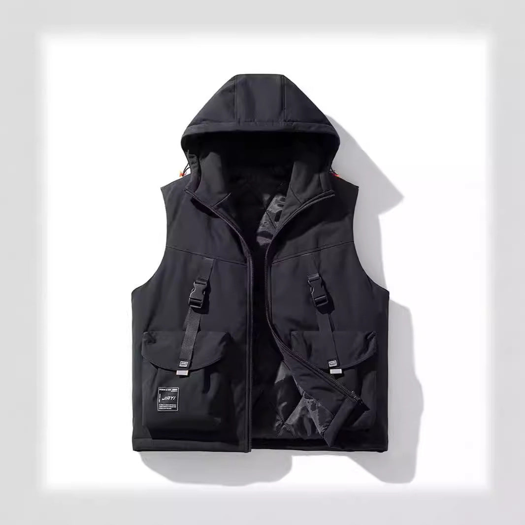 Men's Technical Outdoor Vest with Hood, Quilted Insulation and Multifunctional Cargo Pockets Mune Fashion