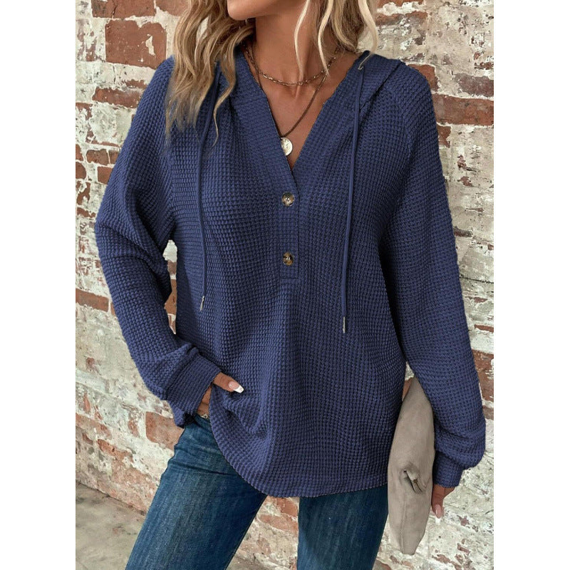 Women Waffle Knit Hoodie with Henley Button Placket and Oversized Cut Mune Fashion